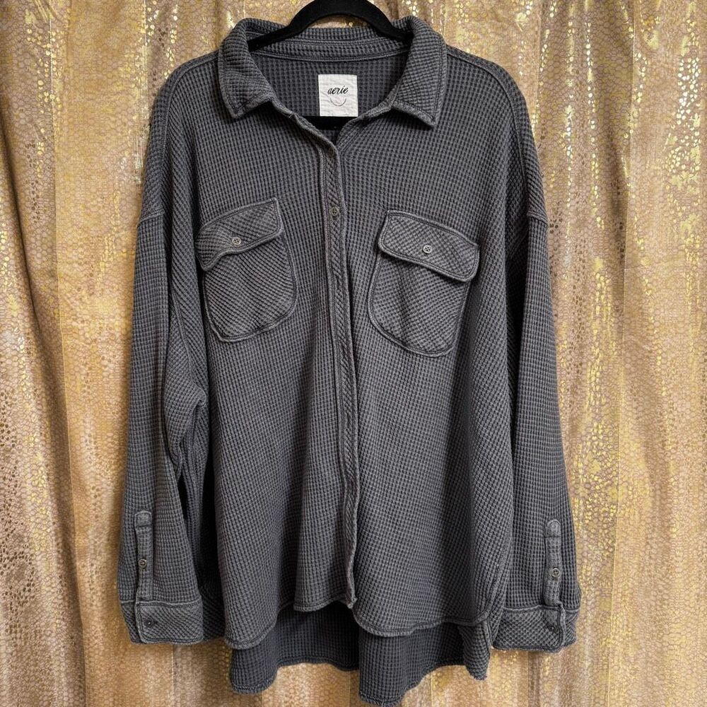 Aerie Lumberjane Gray Waffle Button Up‎ Sweater Long Sleeve Top Large